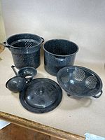 Image of the vintage black speckled enamelware multi-use pot with colander insert, lid, ladle, and smaller accessory piece arranged together showing condition and contents.