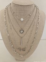Overview of five layered silver-tone necklaces on bust