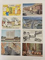 Fronts of all eight postcards laid out