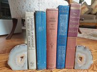 Front view of both agate bookends holding five archaeology books