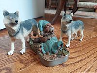 Front view of two wolf figurines flanking “Noddins” groundhog in sardine tin