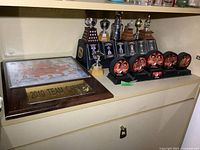 Overall view showing plaque, trophy display and puck stand