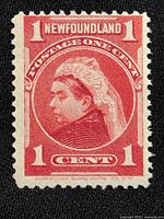 Front view of red Newfoundland 1 cent Queen Victoria stamp