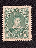 front view of Newfoundland 1c deep green stamp showing design and perforations