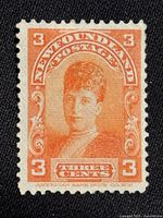 Front of 1918 Newfoundland 3c red-orange Queen Alexandra stamp showing design and colour