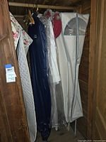 Two full-length garment bags hanging in a closet or storage area, one dark blue and one light beige, containing long garments with hangers visible.