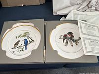 Photo showing two collector plates in original packaging with certificates, featuring American songbirds and gold rims.