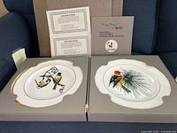 Two Spode American Songbird limited edition collector plates with certificates of authenticity and original packaging on blue surface