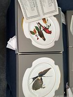 Collector plates inside gray boxes with certificates on top, showing detailed artwork of birds (cardinal and mate, swallow with chicks)