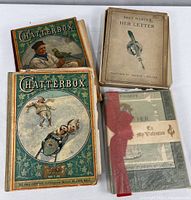 Three antique children's storybooks shown, two Chatterbox from early 20th century with evident wear, and one Bret Harte storybook wrapped in glassine with red ribbon 'To My Valentine', beside damaged box.