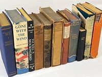 Side view of all 11 books showing spines and wear