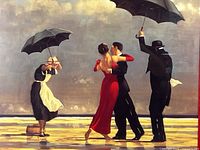 Close-up of the lithograph showing four figures on a beach under umbrellas, with a couple dancing in the center and a butler and maid on either side.