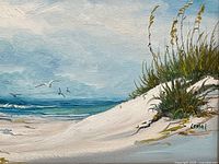 Close-up of the painting showing sand dunes, sea oats, ocean, sky, and signature 'Lenal'