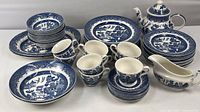 Full set of Blue Willow dinnerware arranged