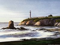 Close-up showing detail of the lighthouse artwork and coastal scene in the print.