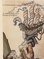 Close-up of print showing woman with ship hairdo and French text.
