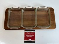 Teak tray with three glass dishes and Artina quality certificate