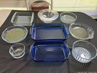 Overhead view of all nine Pyrex pieces arranged on table