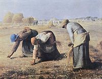 Full view of framed oil painting showing three women gleaning field