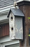 Tall weathered wooden birdhouse mounted on post