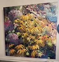 Full view of the 30x40 in acrylic painting showing yellow flowers and signature