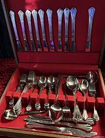 Entire open case showing knives in lid and mixed pieces in tray