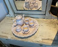 Full view of miniature tea set on plate