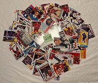 Top view of entire spread of hockey cards showing variety and quantity