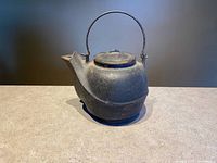 Full view of cast iron kettle showing handle, lid, spout, and body