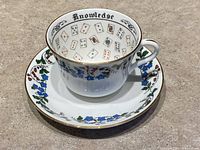 Cup positioned on saucer showing exterior floral garland and interior "Knowledge" text