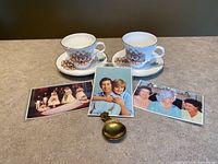 Full lot: two cups, two saucers, three photos, spoon
