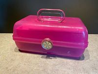 Front view of pink Caboodles case with clear handle