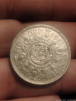 Reverse of 1963 two shillings coin showing Tudor rose design and date