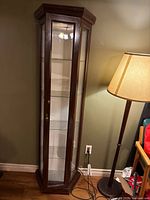 Full view of the corner curio cabinet showing glass door, wood frame, interior shelves and light