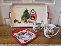 Full view of tray, two mugs, potholder
