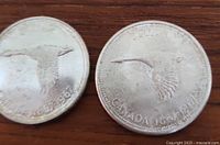 Two Canadian silver dollar coins side by side showing the flying goose design and the inscriptions.