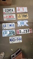All nine license plates arranged on floor