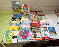 Top-down view of entire spread of 36 children’s books