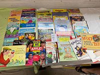 All 40 children’s books laid out on table showing covers