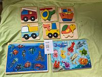 All eight wooden puzzles laid out on surface