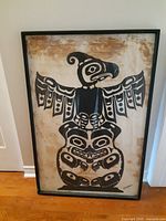 Full view of framed print, showing imagery and rice paper discoloration