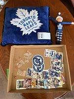 Overview showing pillow, plush figure, cards, decal and pins