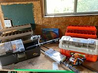 Full lot including rod, reel, three tackle boxes, lure organizers