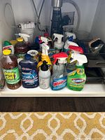 Various cleaning solution bottles and sprays stored under sink