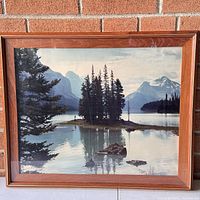 Framed landscape photograph showing lake, island with trees, mountains; full view with frame
