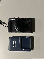 Top-down view showing camera body and charger laid flat on surface