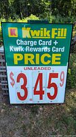 Front of Kwik Fill price sign showing branding and price panels