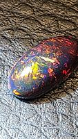 Oval cabochon black opal showing red, orange, yellow and green play-of-color on black background