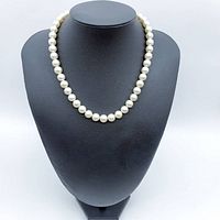 Full view of entire pearl necklace on display bust