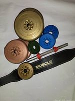 Group shot of all weight plates, bar, collars and belt